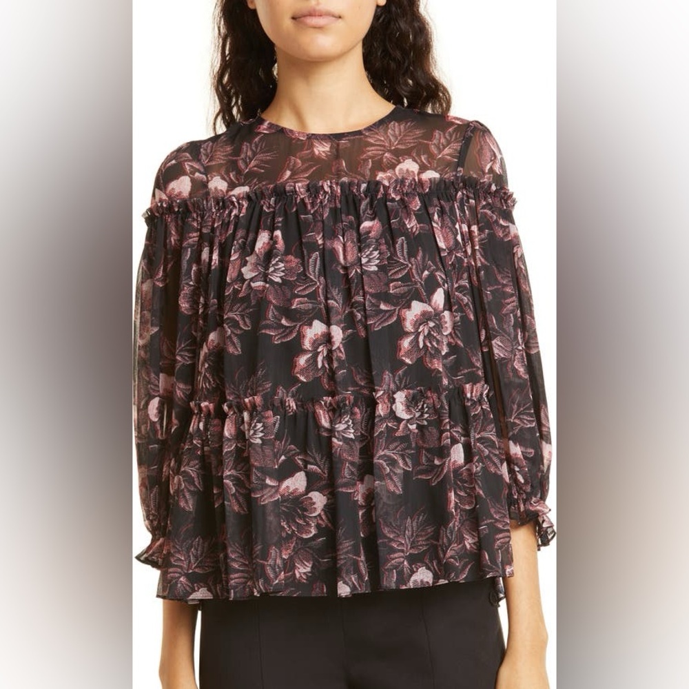 Ted Baker London Black Floral Tie-Neck Long Sleeve Tunic